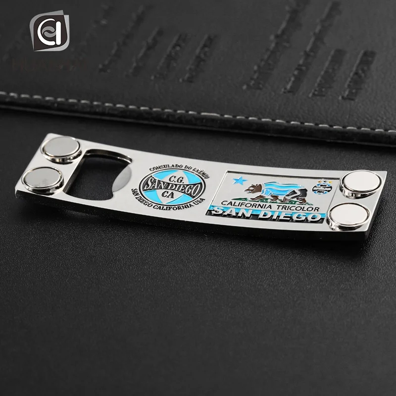 customized silver metal enamel logo souvenir fridge magnet bottle opener