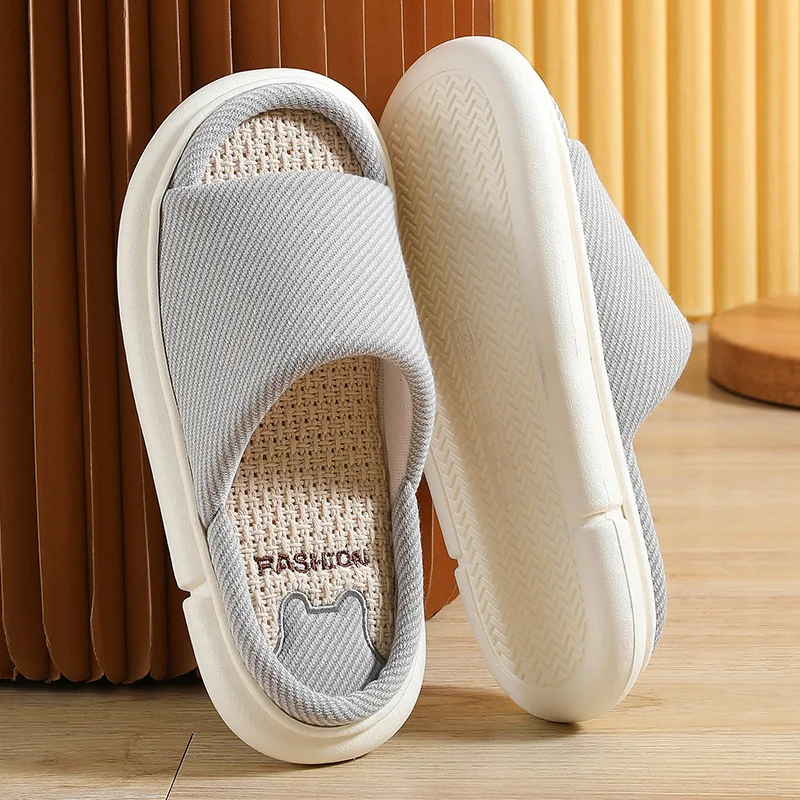 New Linen slippers female residence household cartoon four seasons high end indoor cotton linen thick bottom anti slip sandals