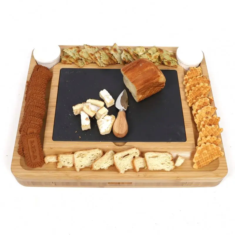 
Bamboo Wine Cheese Serving Tray Handles Plus Drawer Cheese Knives cutting stone board kitchen chop board with black stone 