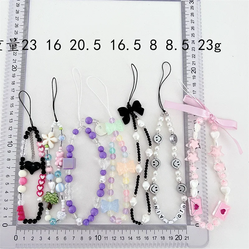 Trendy Colorful Handmade Beaded Phone Chain Love Pendant for Girls Phone Case Decoration