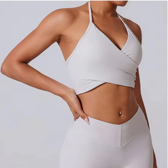 Quick dry Solid Color cross hollow gym frosted backless Thin straps cross layer yoga sports bra for women