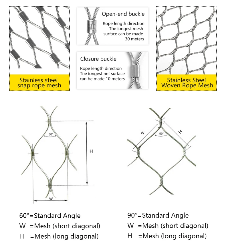 Zoo stainless steel woven knotted rope mesh Stair railing inox metal flexible ferrule cable net Animal cable rope netting  