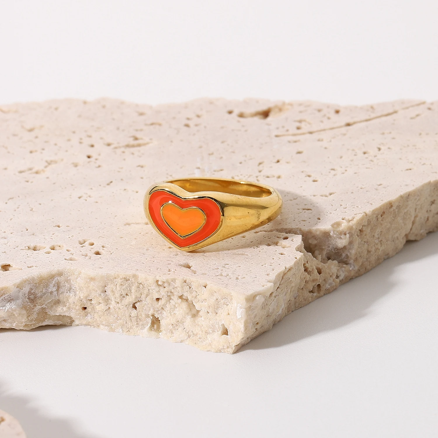 Fashion Stainless Steel 18K Gold Plated Colorful Double Heart Enamel Rings Women