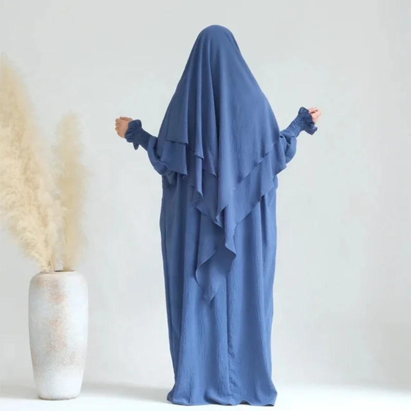 Fashion Islamic Clothing Prayer Jilbab Muslim Eid Dress Abaya Set Modest Dress and Two Layers Khimar Abaya Set