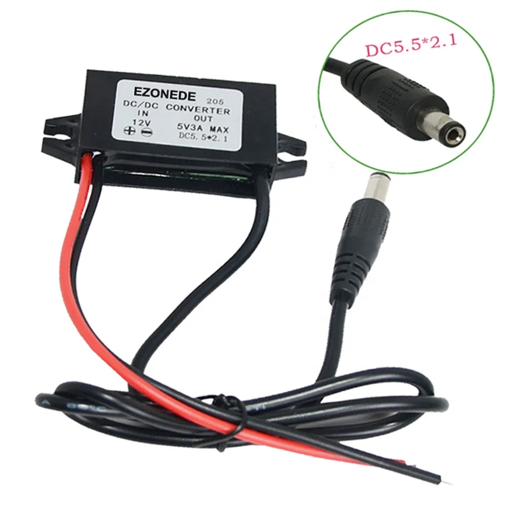 DC to DC Converters 12V to 5V 3A 15W Step Down Buck Module 8-20V to 5V for Car Charger with 5.5*2.1mm DC Plug Cable