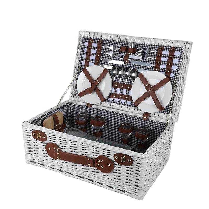 White color wholesale picnic basket large 4 person wicker picnic basket set with cutlery