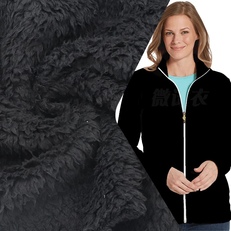 Stock 100% Polyester Black Color Recycled Two Side Sherpa Fleece Fabric Fo Winter Coat