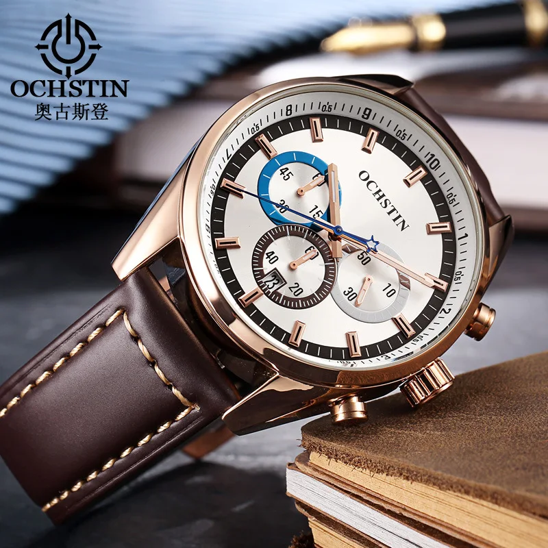 OCHSTIN 046 мужские наручные часы Топ Роскошные Брендовые Часы с хронографом Календарь натуральная кожа кварцевые для мужчин спортивные