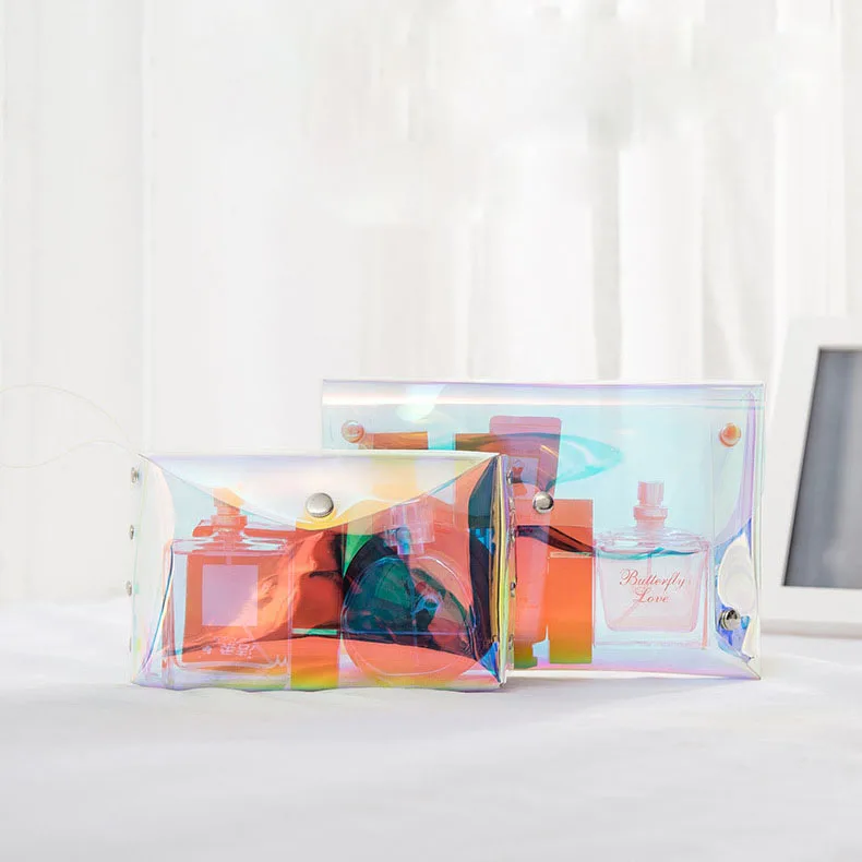 Fashion Wholesale TPU Holographic Pouch Makeup Bag Clear Transparent Holographic Makeup Bag Portable With Rivets Custom
