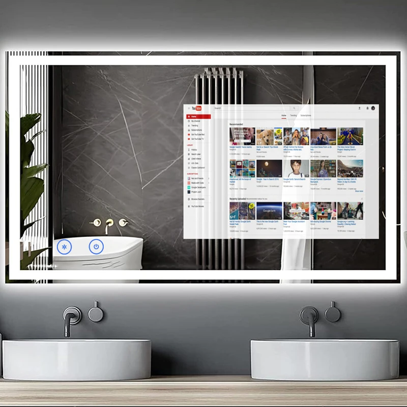 Custom Luxury Salon LED Lights Makeup Mirrors Bathroom Waterproof Android Smart TV Mirror Touch Screen With Camera Microphone