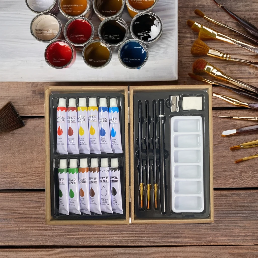 Customized Logo Deluxe 20pcs Art Set Wood Case Package Stationery Set with Pencil 12ml Acrylic Paint for Painting Drawing
