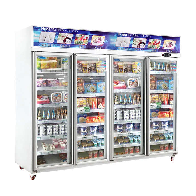 commercial frozen food used upright display glass 4 door freezer