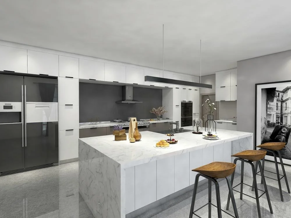 White And Grey Acrylic Kitchen With Two Tone Edge Banding Acrylic Kitchen Cabinet Door And Soft Closing Hinge & Slider