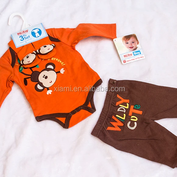 wholesale low price good quality naughty monkey pattern pure color three piece boy baby clothes