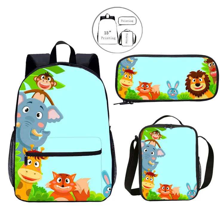 LOW MOQ 3 set wholesale book bags with lunch bag, 3pcs set custom cartoon kids school bag set backpack