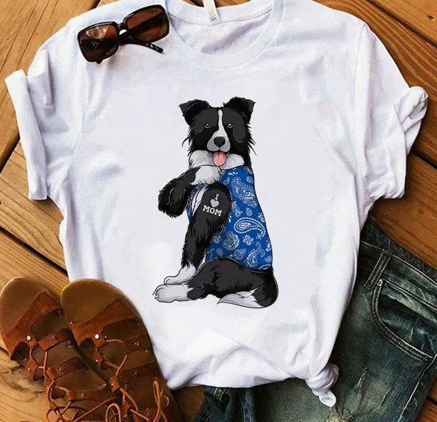 Border collie I Love Mom funny t shirt women casual white harajuku dog MAMA t-shirt short sleeve graphic tee women clothes