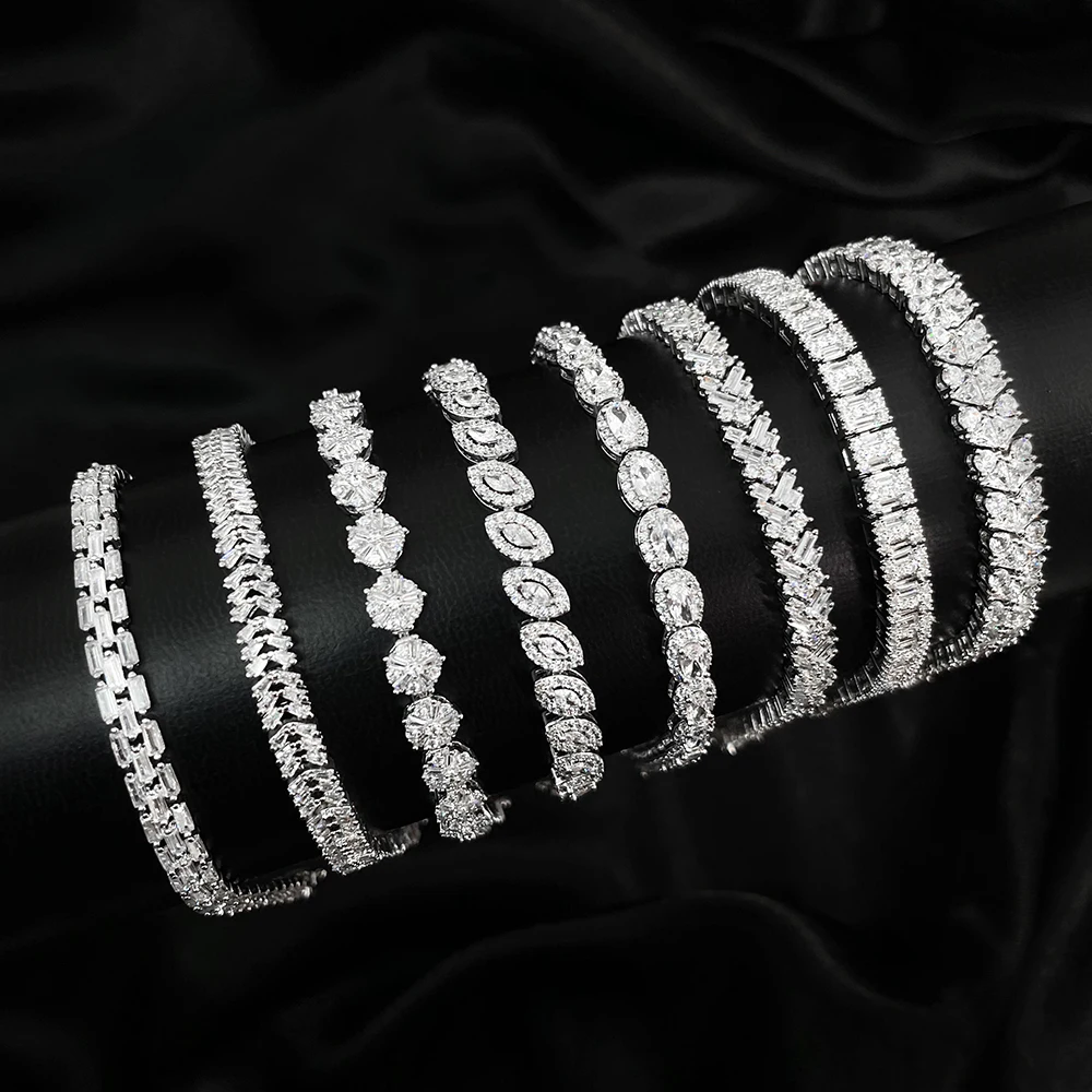 Triangular cut zircon combination diamond with round zircon silver 925 tennis bracelet 925 sterling silver