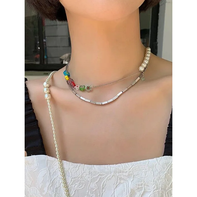 
MuXi Fashion niche design sense layered necklace colorful glass pearl necklace jewelry 