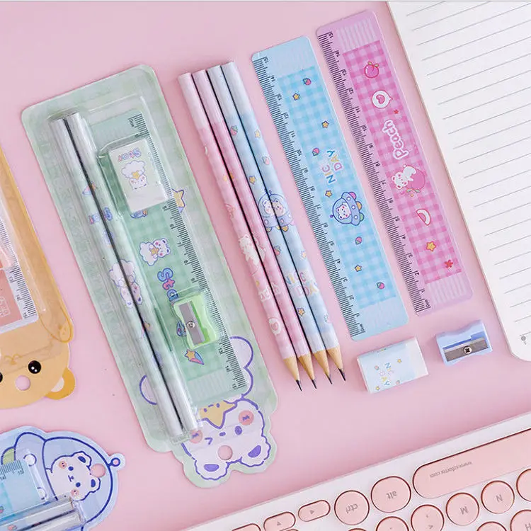 Five Piece Stationery Set Children Birthday Gift Cute Kawaii Set Wholesale Ruler Rubber Pencil Sharpener