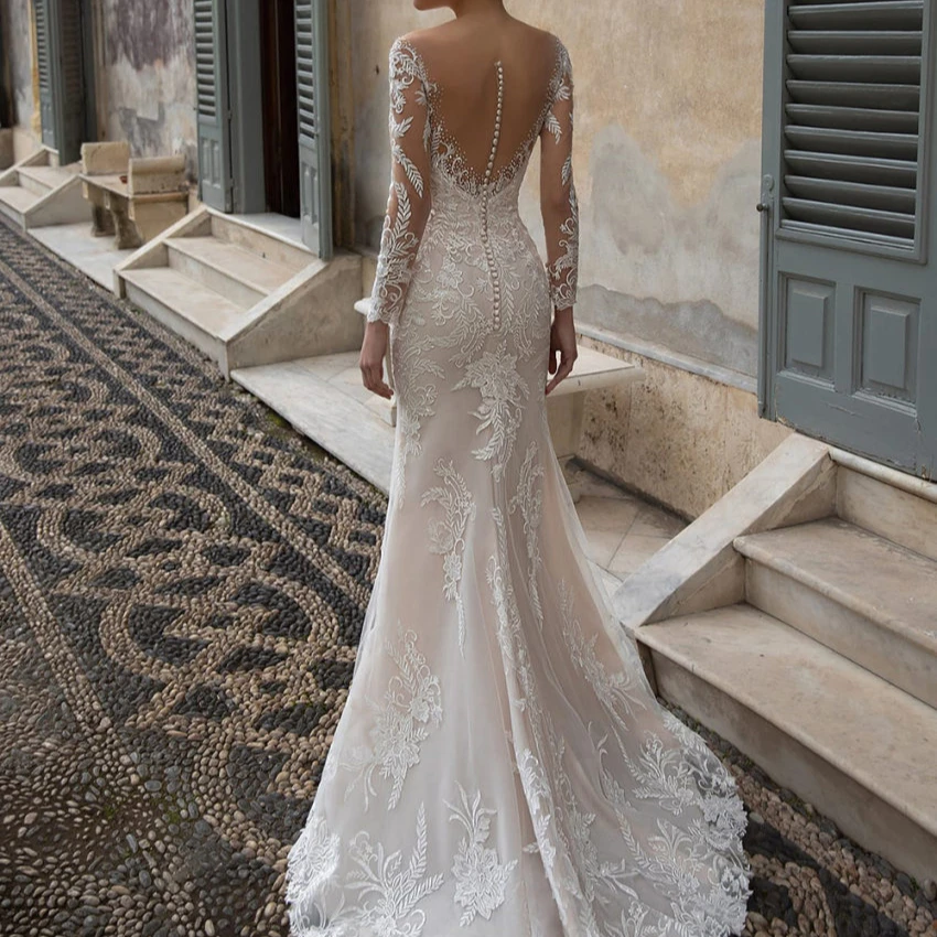 New Arrival Illusion O Neck Full Sleeves Detachable Skirt Mermaid Wedding Dresses Appliqued Crystal Lace Bridal Gowns