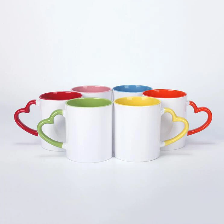 11 Oz Inner & Handle Color Heart Shape Coated Sublimation Advertising Mug For Christmas/Diy Craft Gifts