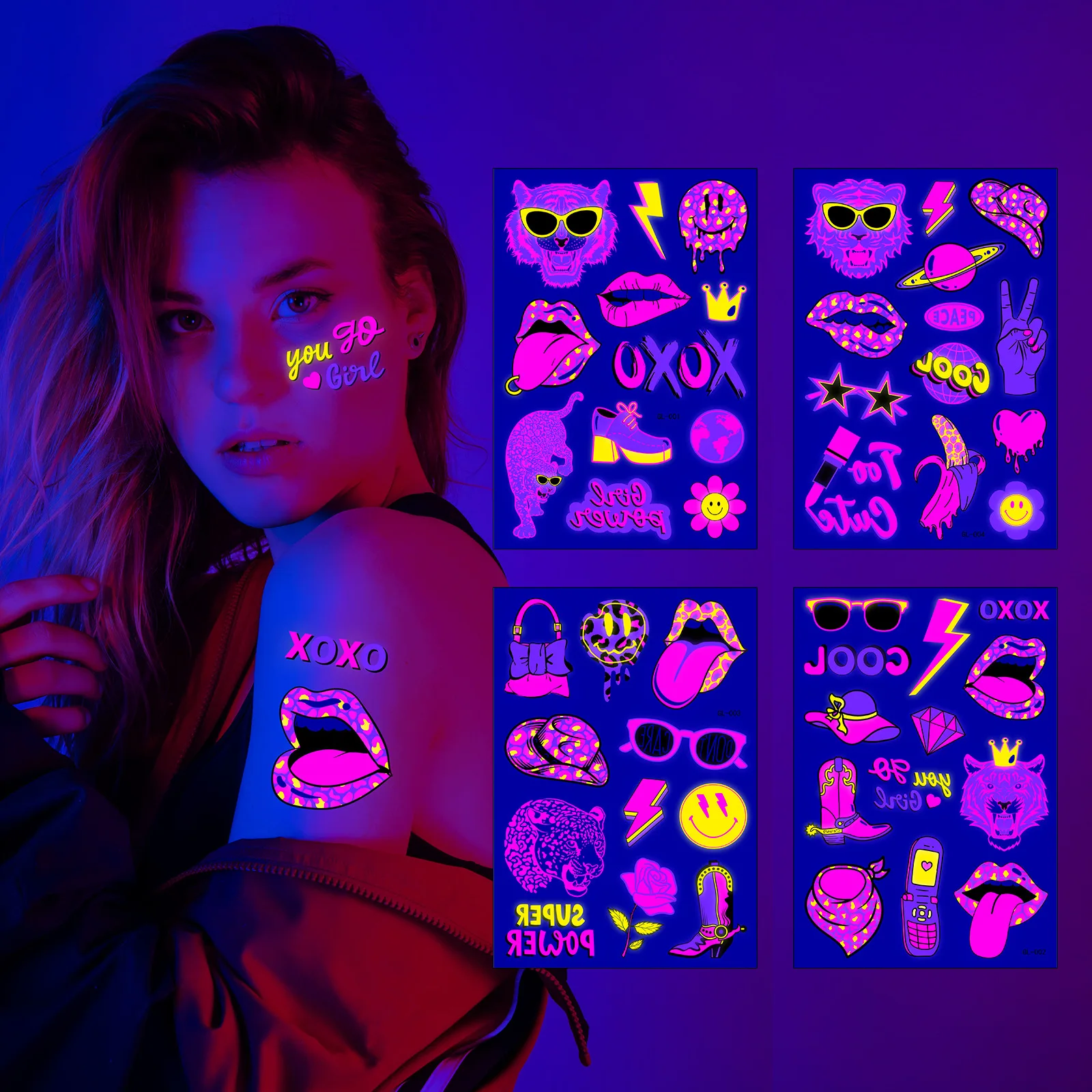 Startparty 4 Sheets Butterfly Neon Temporary Tattoos UV Neon Glow The In Dark Festival Decorations Fluorescence Tattoo Stickers