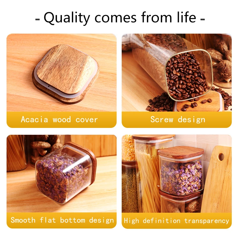 Glass Storage Canister with Acacia Wooden Lid Square Glass Jars , Glass Food Storage Containers for Pasta Coffee Rice