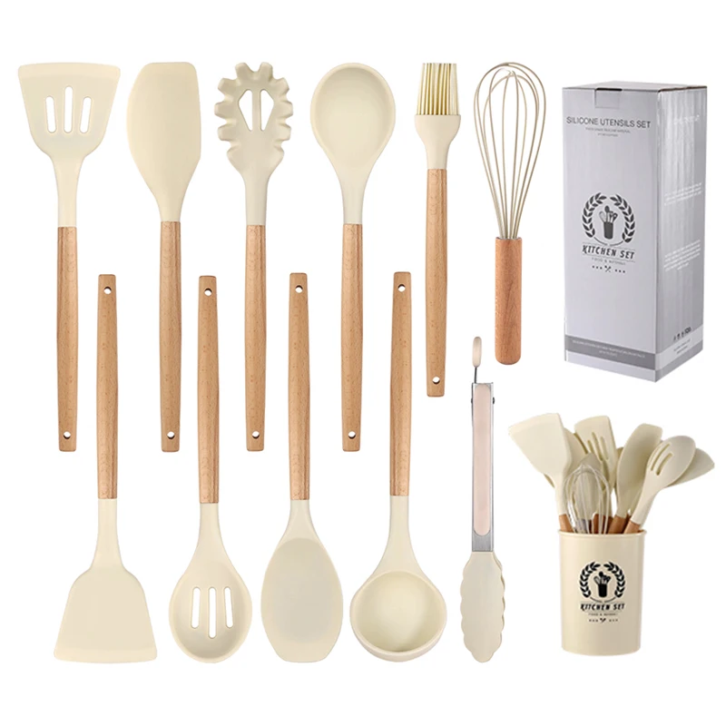 High Quality Colorful 11Pcs Kitchen Tools Set Cooking Utensils Silicone Kitchen Utensils With Wooden Handle