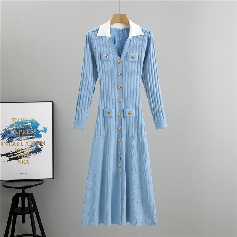 LE4583 Autumn Special Design V-Neck Knit Dress With Core Yarn Slimming A-Line Midi Knitted Dress