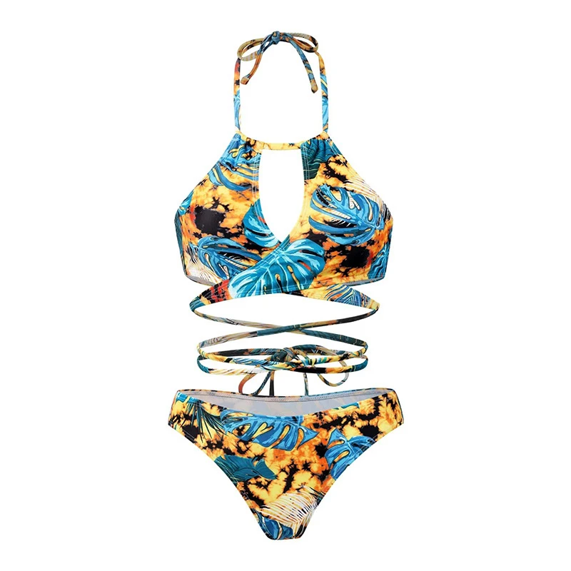 Cut Out High Waist Bikini Tie Back Tropical Printed Sexy Girls Micro Bikini