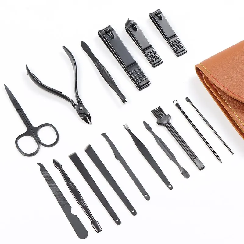 Free Sample 7/12/16PCS PU Leather Black Nails Kit Nail Tool Uv Lamp Professional Cutter Set De Manicure