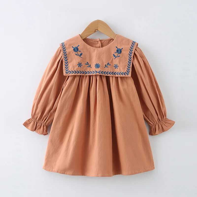 New Korean style kids party long-sleeve dress toddler baby girl Vintage 100% cotton Square Collar embroidered custom dress