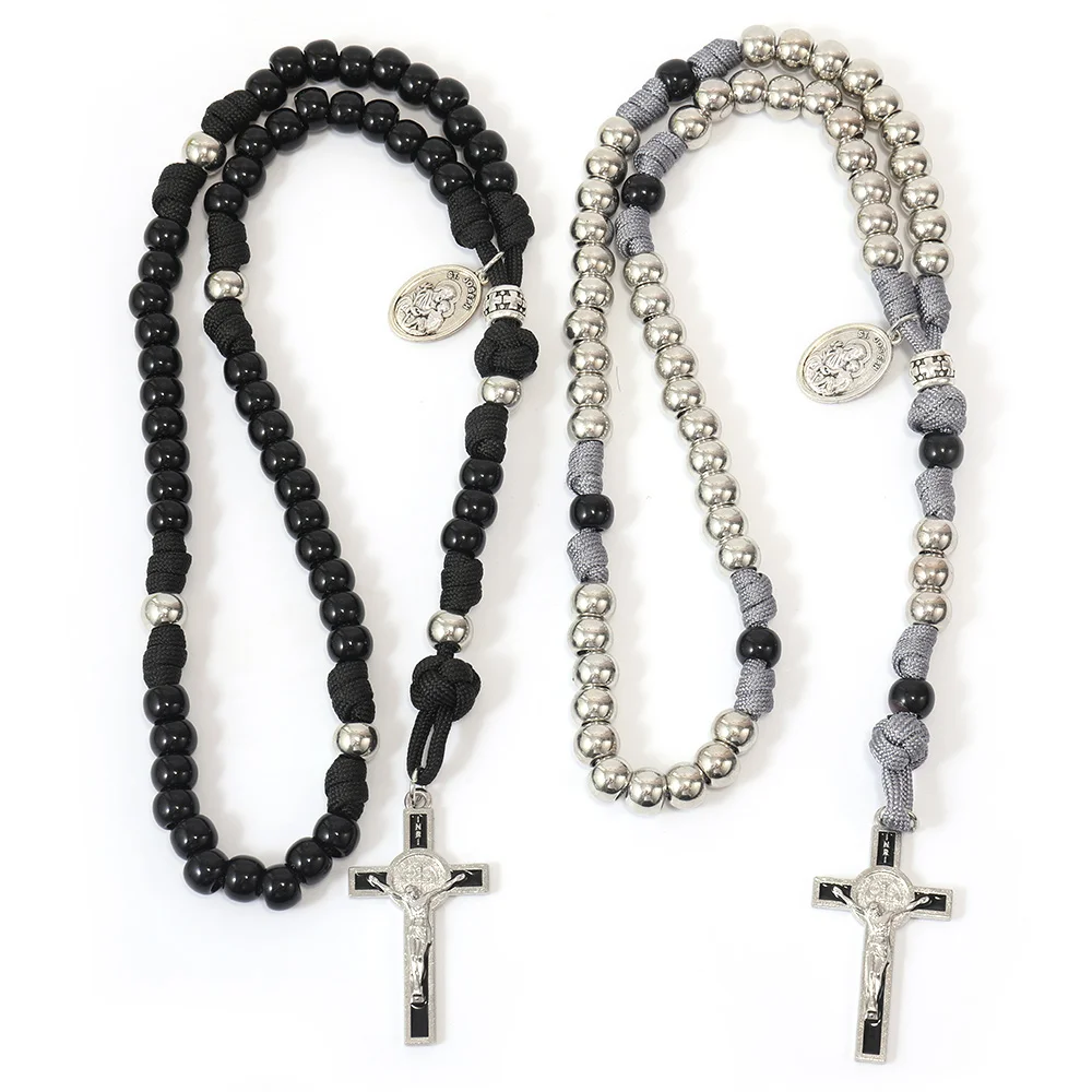 ZhuoDian ручной работы христианский черный Паракорд завязанный католический четки ожерелье для молитв с акриловыми бусинами 10 мм
