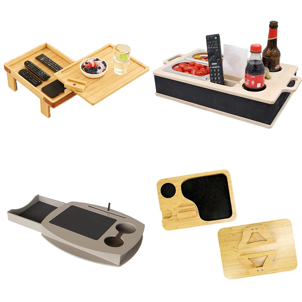 Multi-style Couch Tray Table with Phone Holder Wooden Couch Eating and Drink Portable Stable Bamboo Sofa Arm Tray Table