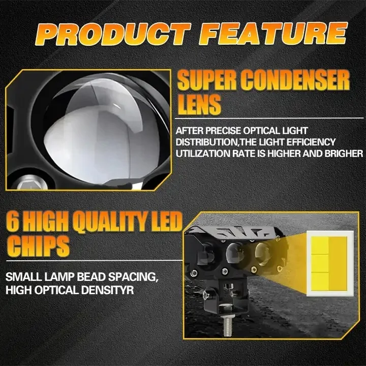 Motorcycle Spotlight 3 lens Hi/Low Beam LED Work Light 3 lens Mini Driving Headlamp Fog Lamps 12V 24V White/Yellow