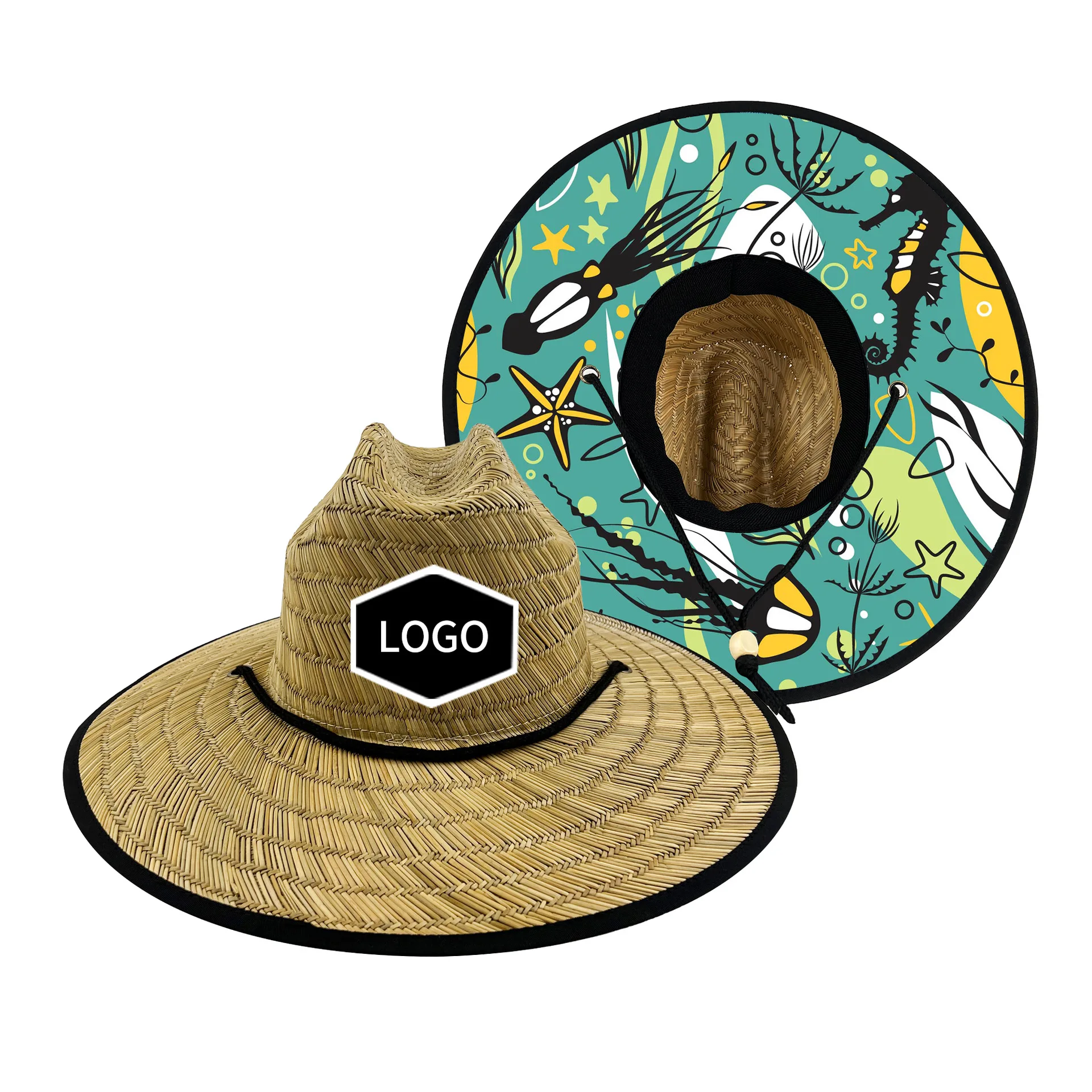 Custom Logo Unisex Sombreros De Paja Bulk Wholesale Straw Hats Man Usa Wide Brim Natural Hollow Grass Lifeguard Straw Hat Custom
