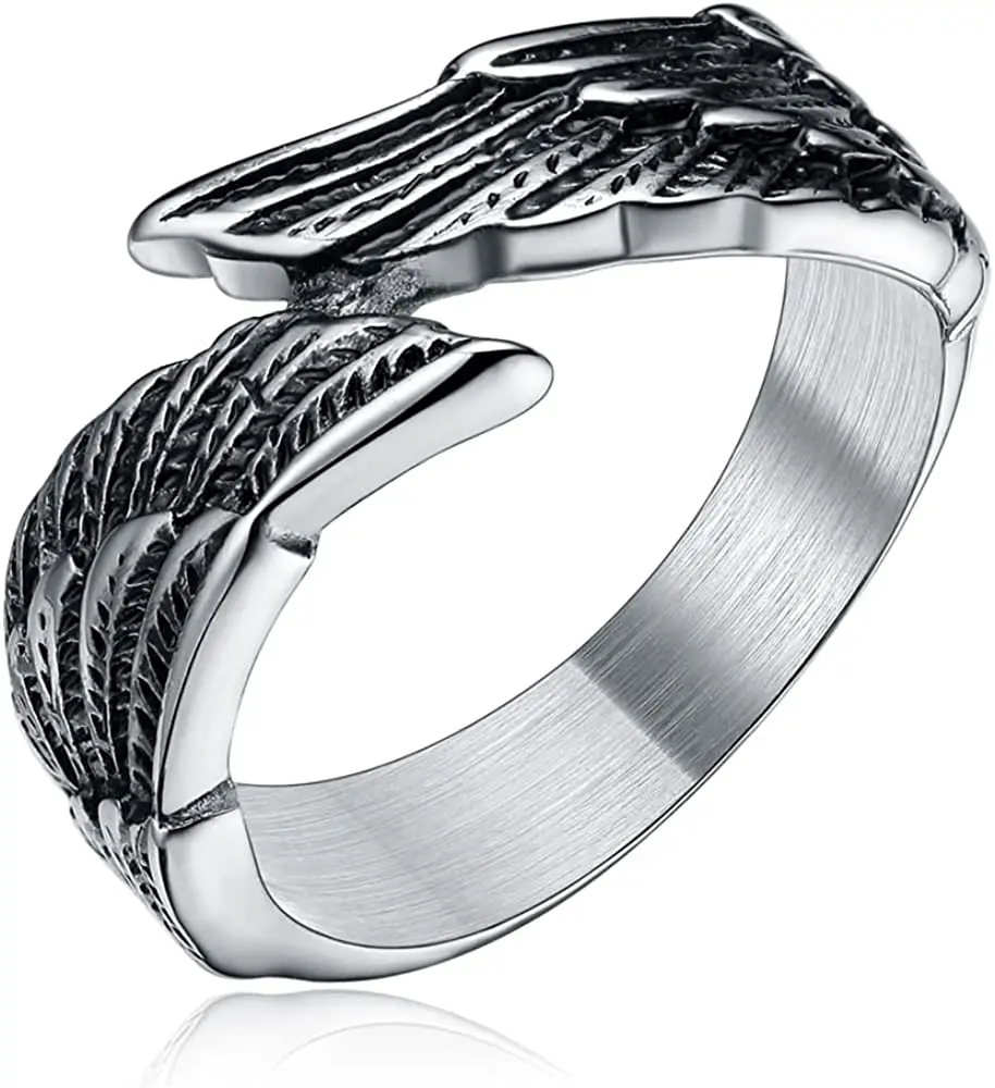 Antique Stainless Steel Ring Feather Angel Wing Cast Black Silver Band