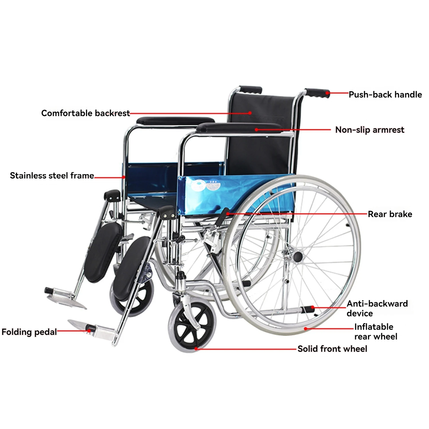 Portable Adult Wheelchair Steel Carbon Wheelchair Fixed Armrest Wheelchair