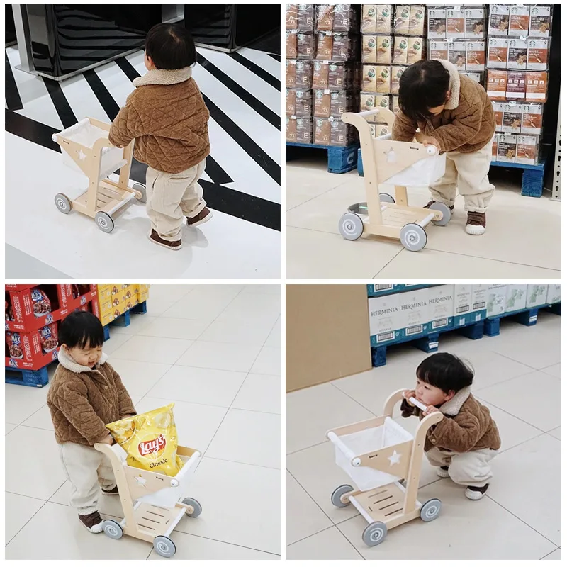 Educational Wooden Toy Role Play Grocery Store Shopping Cart Walking Trolley Play set for Child