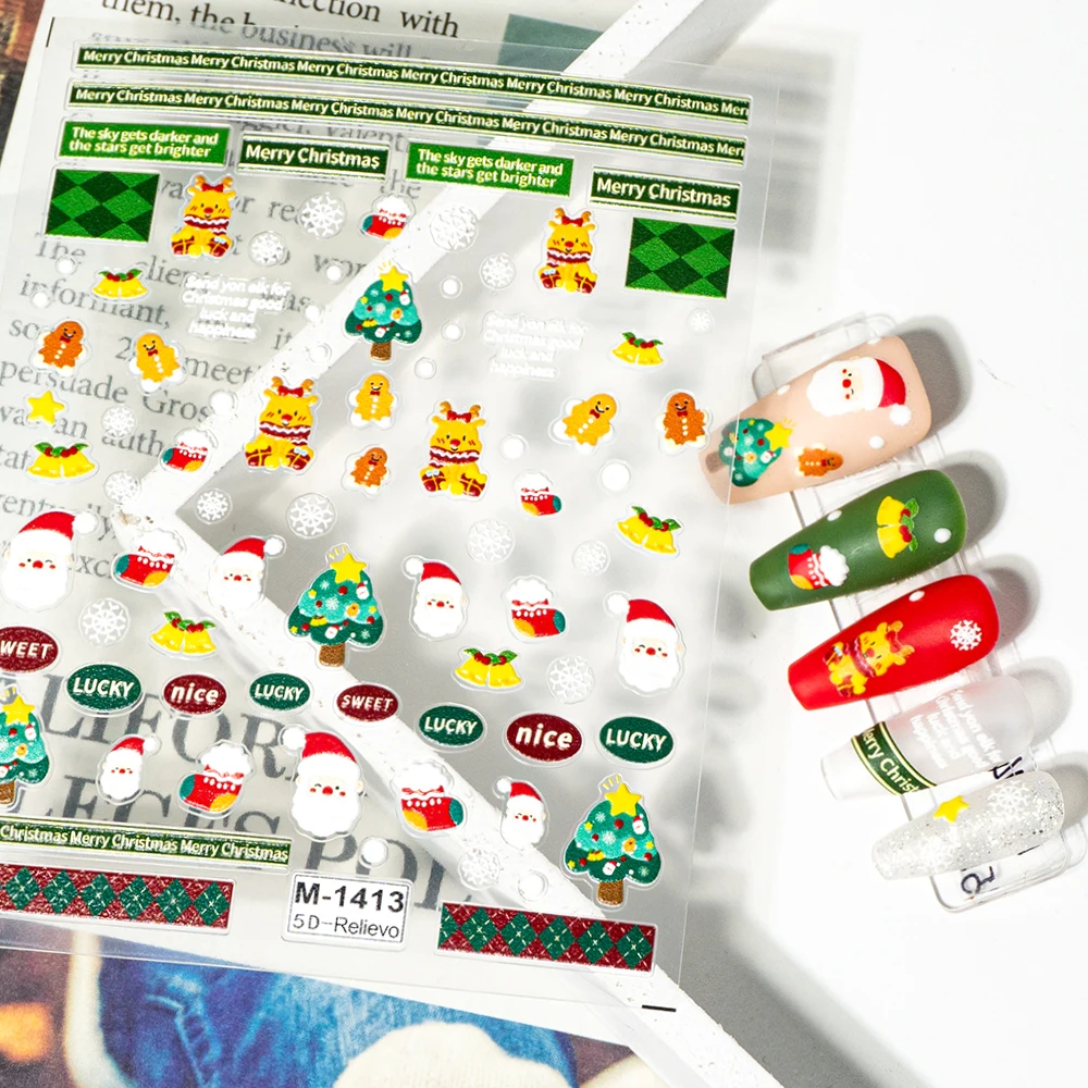 Christmas 5d embossed reliefs nail art stickers semicured gel nail sticker video nail decal
