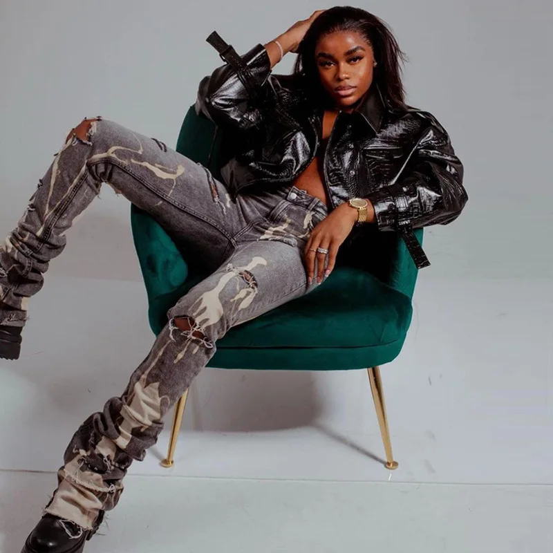 Best Seller Camouflage Print  Xs Size Clothing High Waist Distressed Ripped Denim Stacked Jeans Women Pants