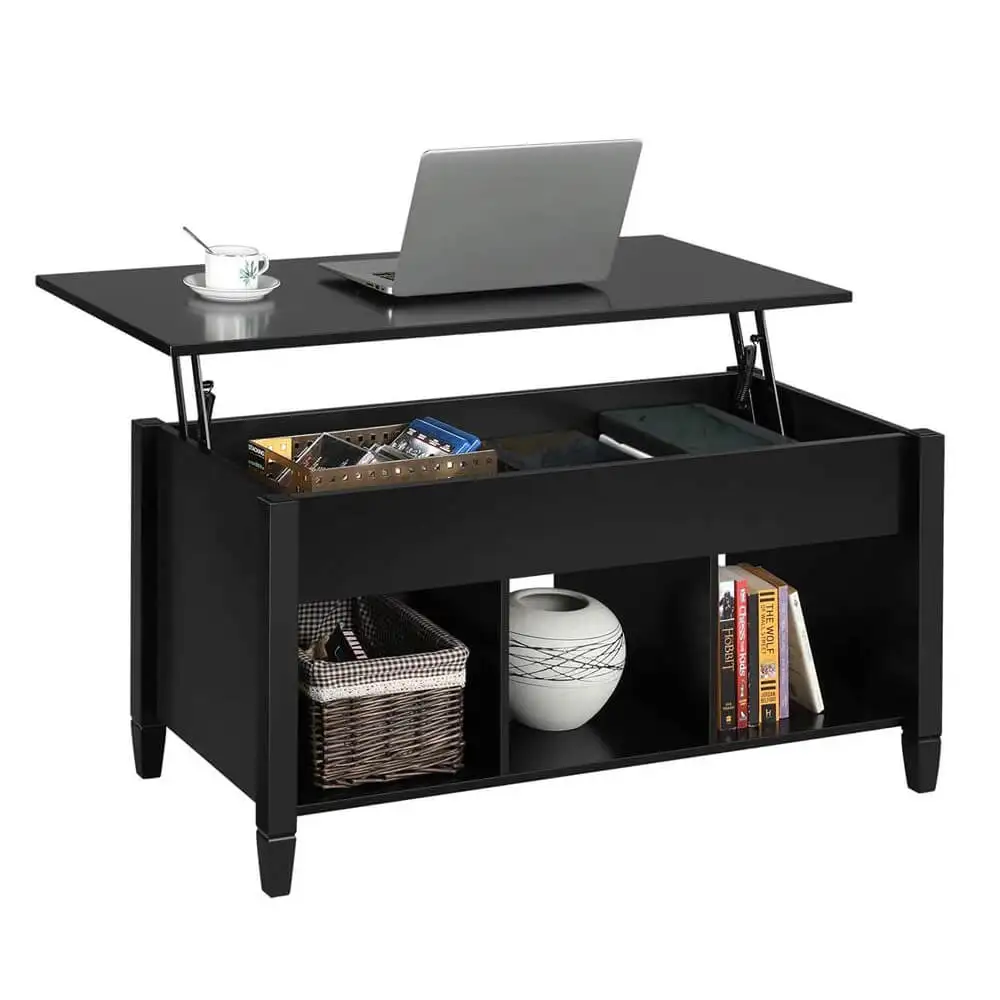 
Minimalist Wooden Lift Top Coffee Table w/Hidden Storage Compartment & Lower 3 Cube Open Shelves for Living Room/Reception Room 