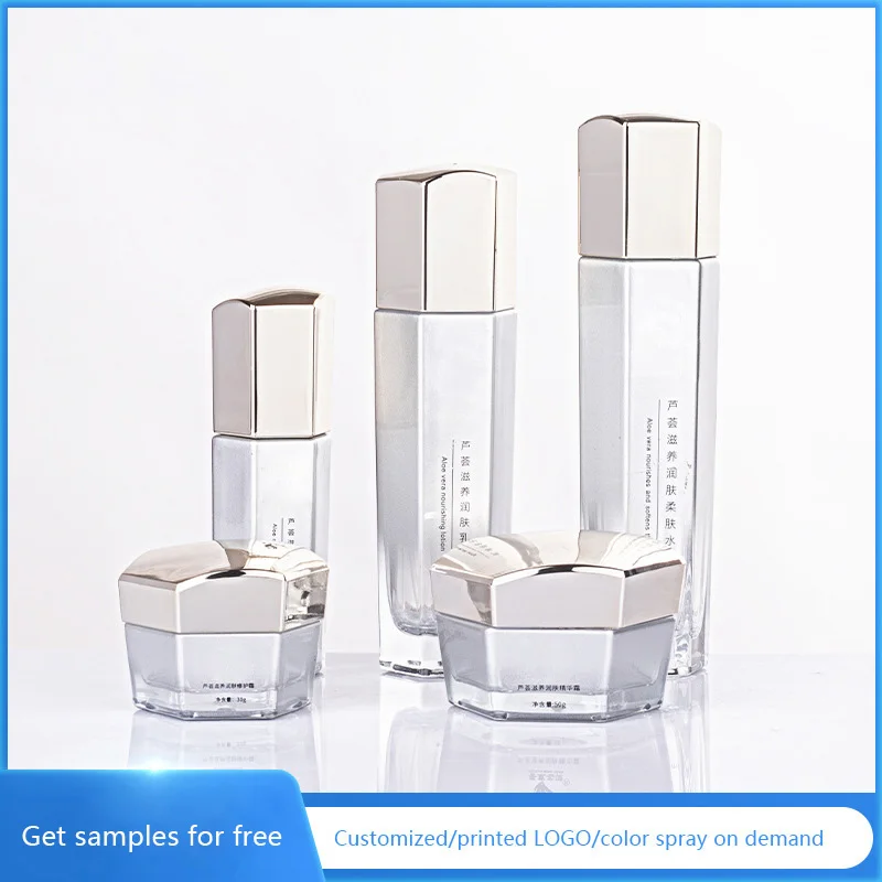 Luxury hexagon cosmetic glass pump bottle set skin care series face cream jar cosmetic packaging hexagon glass lotion bottle