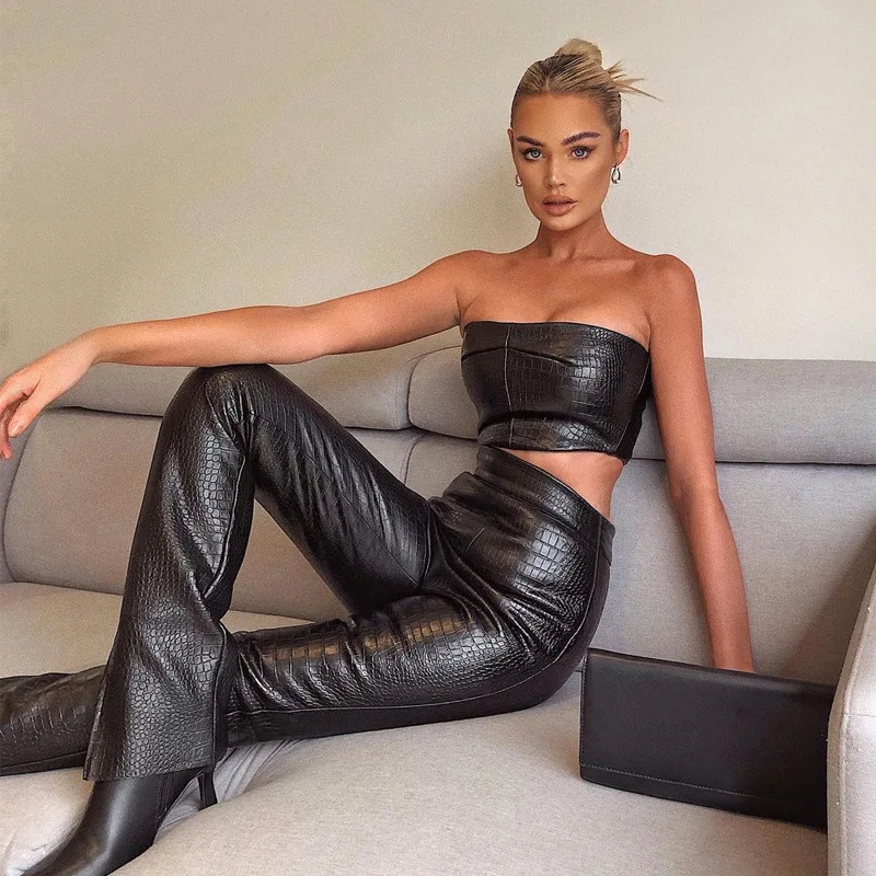 New 2021 scale indentation chest wrap pant club suit sexy sleeveless tube top long leather pants women jogger sets