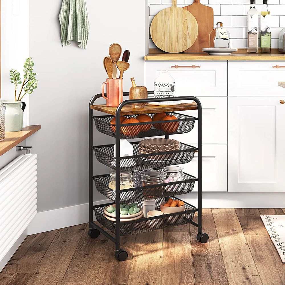 4-Tier Rolling Cart, Kitchen Cart on Wheels, Storage Cart with Lockable Wheels and Durable Steel Mesh Construction