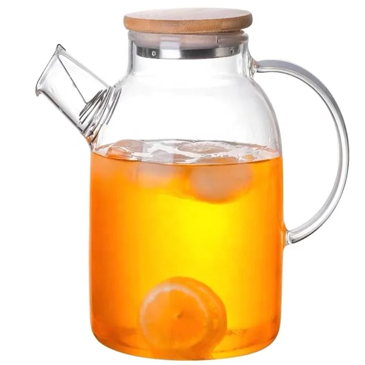 High quality glass cold water jug glass teapot set with infuser and bamboo lid