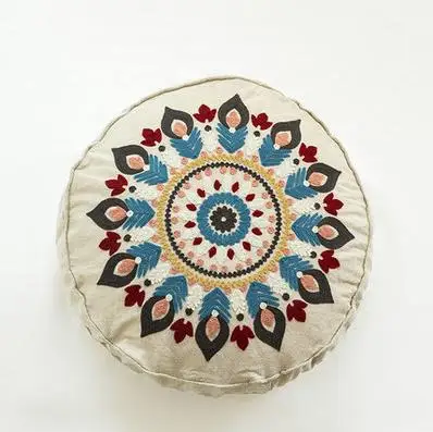 Bohemian Round Cushion Cover with Embroidery Ethnic Throw Pillow Cover for Sofa Couch Chair