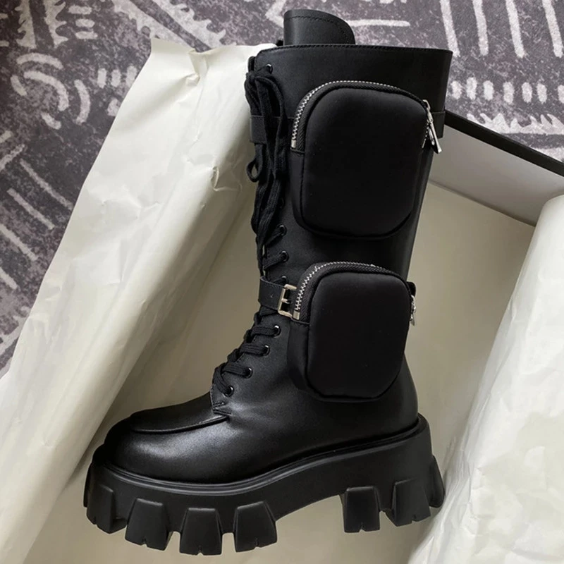 High Quality Genuine Leather Model Women Pocket Motorcycle Boots Platform Lace Up Thick-soled Knight Boots Shoes Women