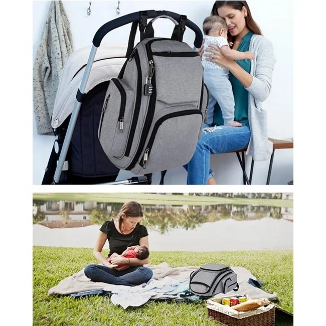Anti theft maternity baby nappy backpack changing bag with insulated pocket and stroller straps