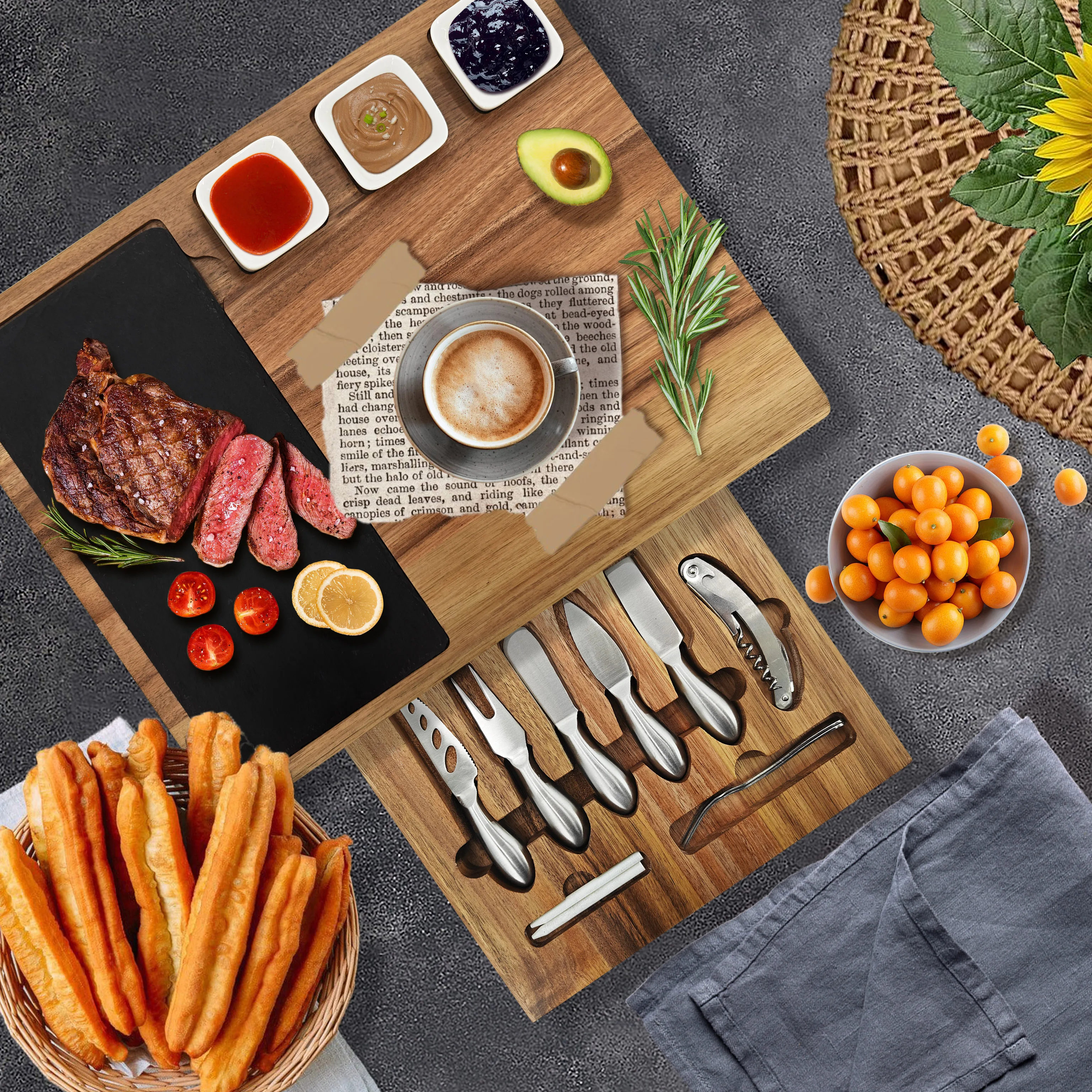 High Quality Acacia Wood Cutting Board Set Large Wooden Charcuterie Cheese Board and Utensil Set with 3 Ceramic Dishes